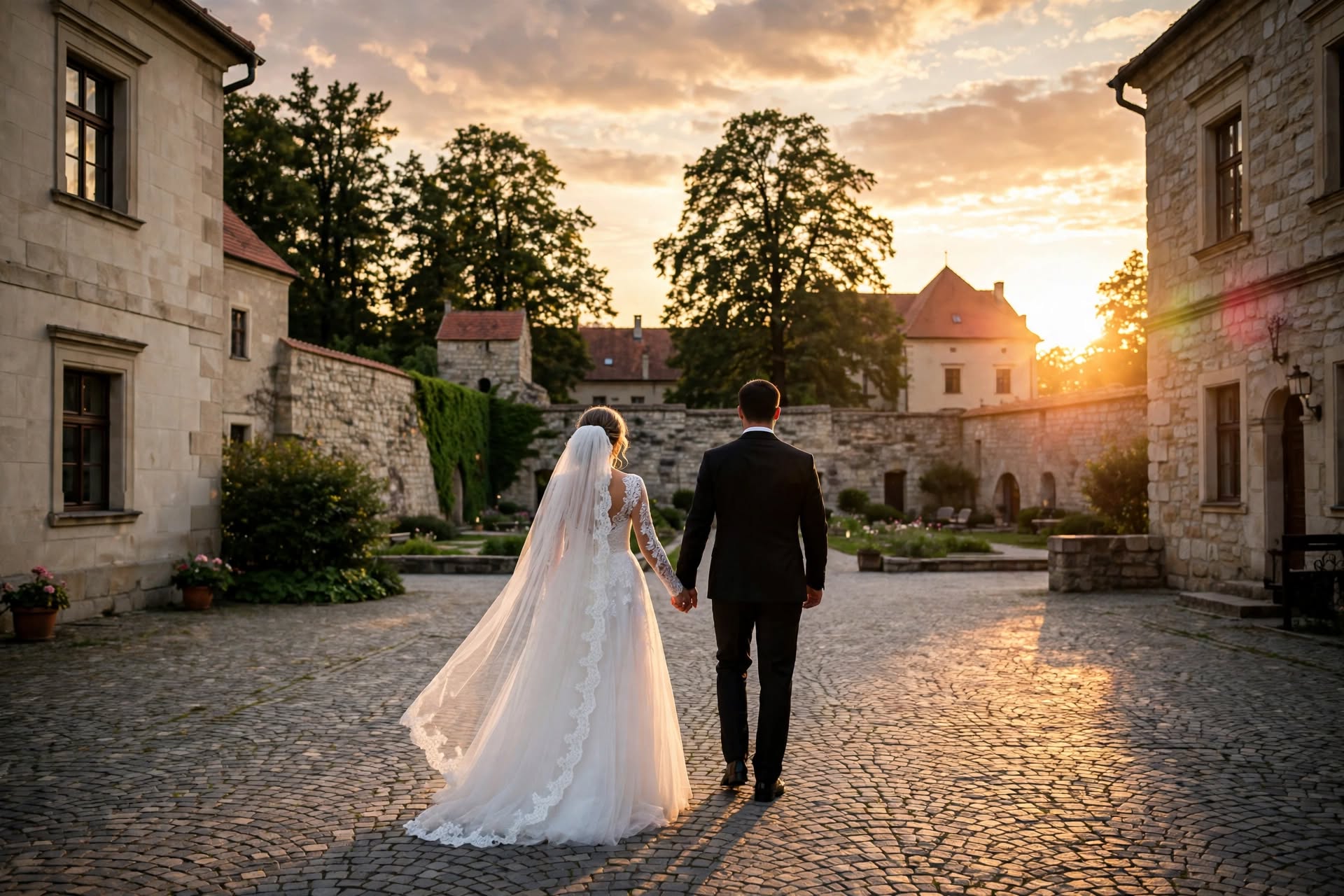 Novomanželé na nádvoří zámku při západu slunce